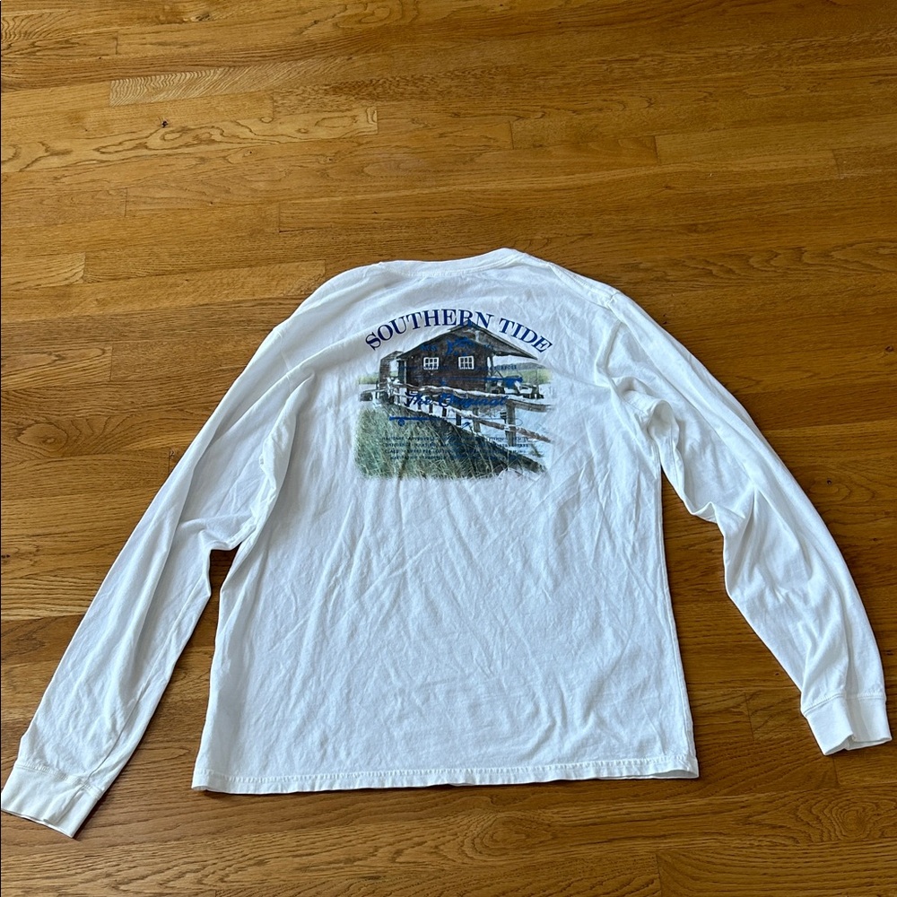Southern Tide Graphic White Long Sleeve Pocket Fishing Tee Shirt Adult Large